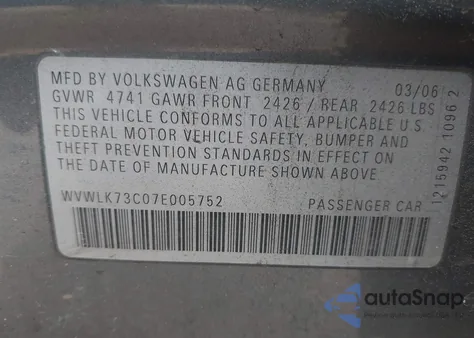 2007 Volkswagen Passat 2.0T from USA, damaged, VIN WVWLK73C07E005752